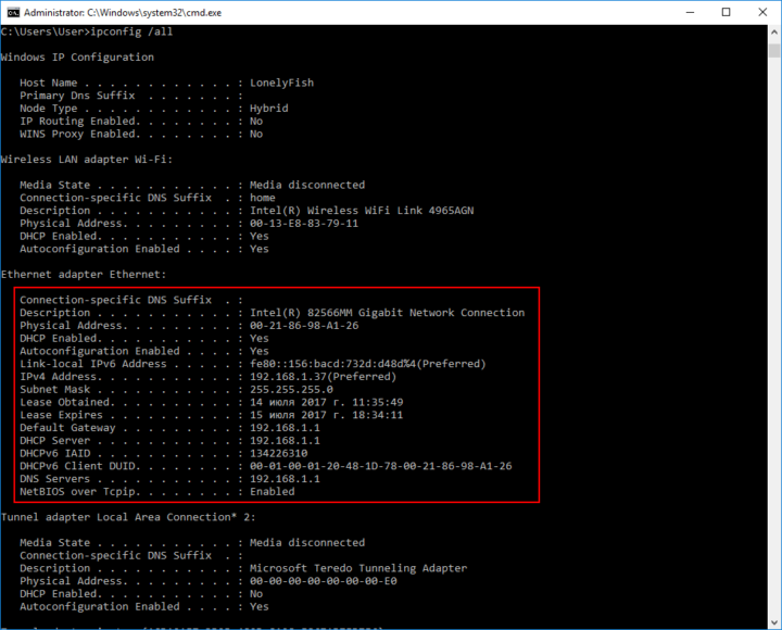 Отчет по команде ipconfig