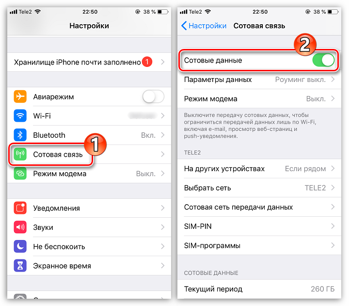 Включить сотовые данные на iPhone