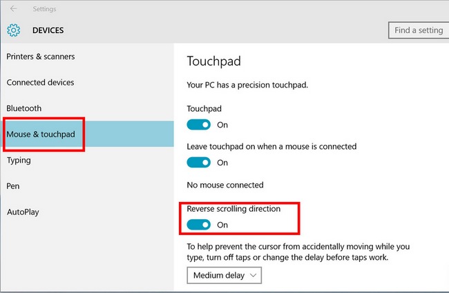Изменение инверсии тачпада Windows 10 на ноутбуке
