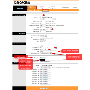 Настройка параметров WLAN в разделе Настройка интерфейса