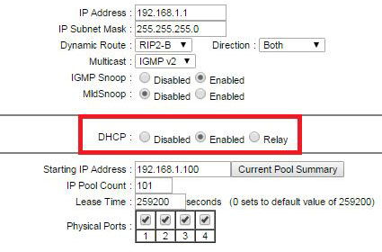 Активация DHCP-сервера на роутере