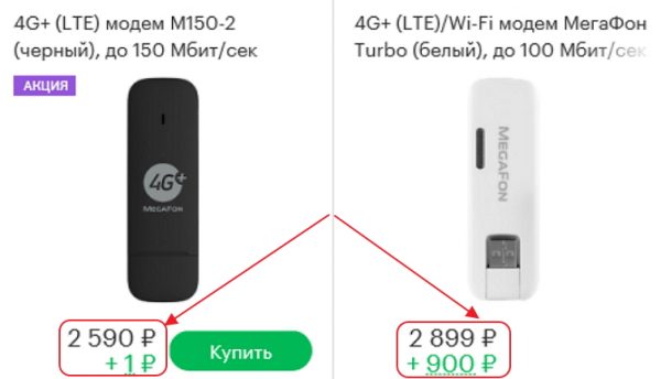 Стоимость 4G USB- модемов , указанная на сайте компании «Мегафон»