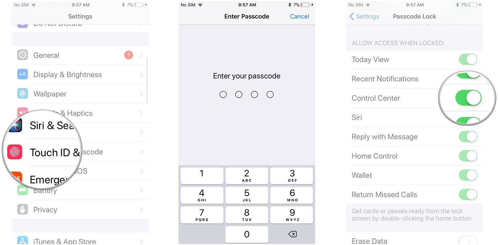 Touch ID & Passcode, введите свой пароль и нажмите на кнопку рядом с Центром управления