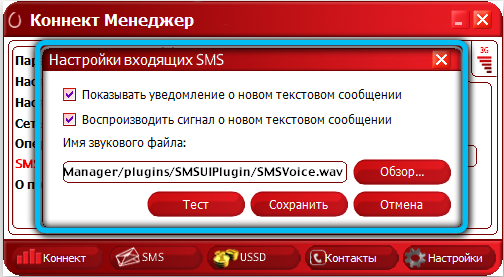 Настройки входящих SMS в программе Connect Manager