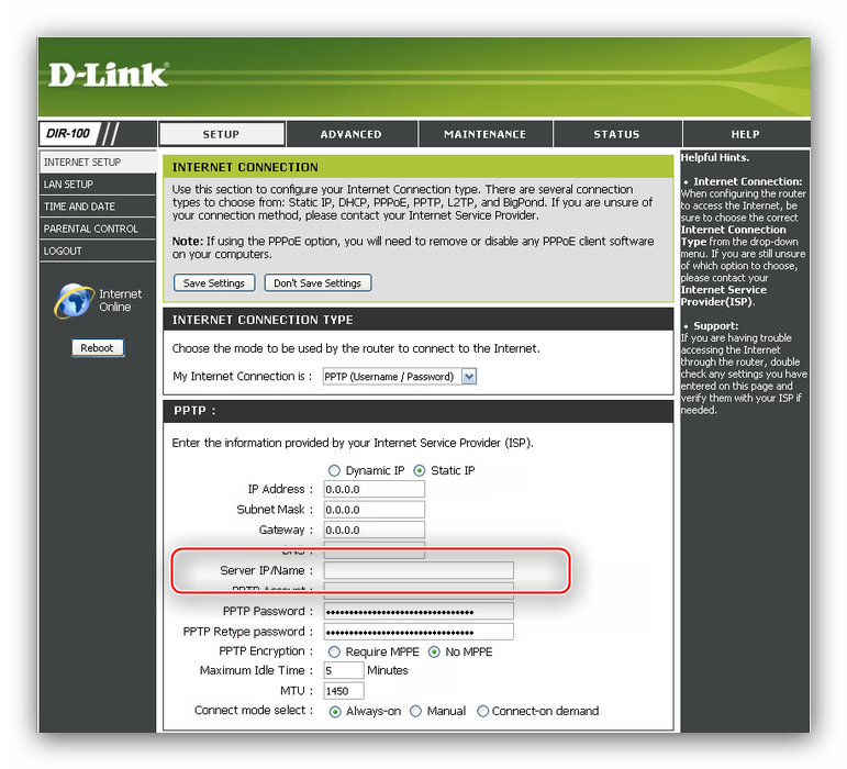 Ввести сервер PPTP-подключения для настройки D-Link DIR-100