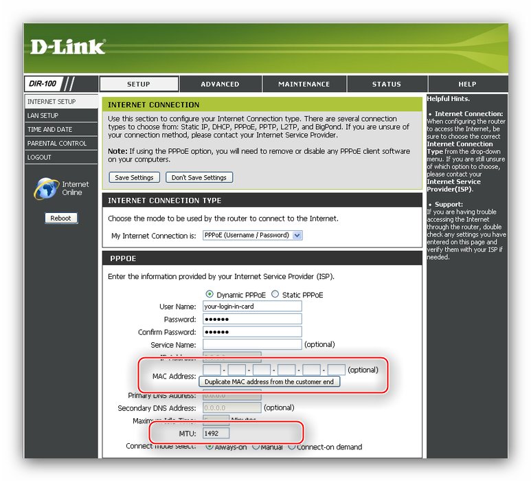 Выбор MTU и клонирования аппаратного адреса PPPoE-подключения для настройки роутера D-Link DIR-100