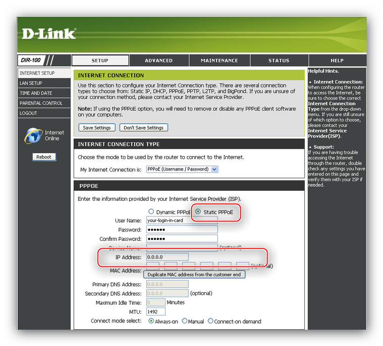 Установка статического PPPoE-подключения для настройки роутера D-Link DIR-100