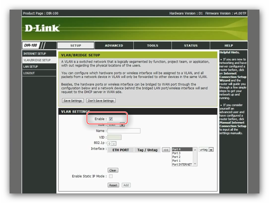 Включить VLAN для настройки Triple Play на устройстве D-Link DIR-100