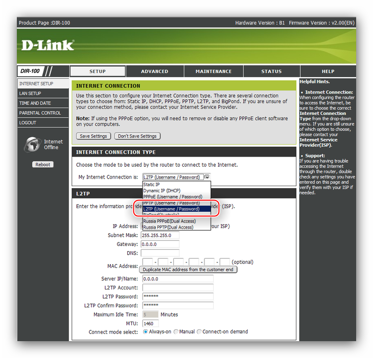 Установка L2TP-подключения для настройки роутера D-Link DIR-100