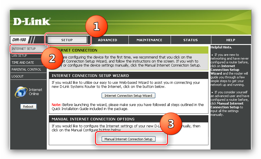 Выбрать ручную настройку для конфигурации роутера D-Link DIR-100
