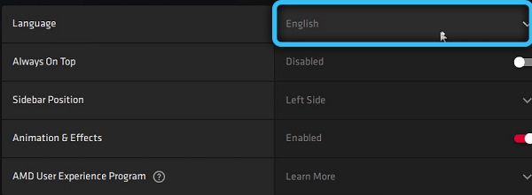 Изменение языка в AMD Radeon